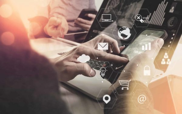 co working team meeting concept,businessman using smart phone and laptop and digital tablet computer in modern office with virtual interface icons network diagram