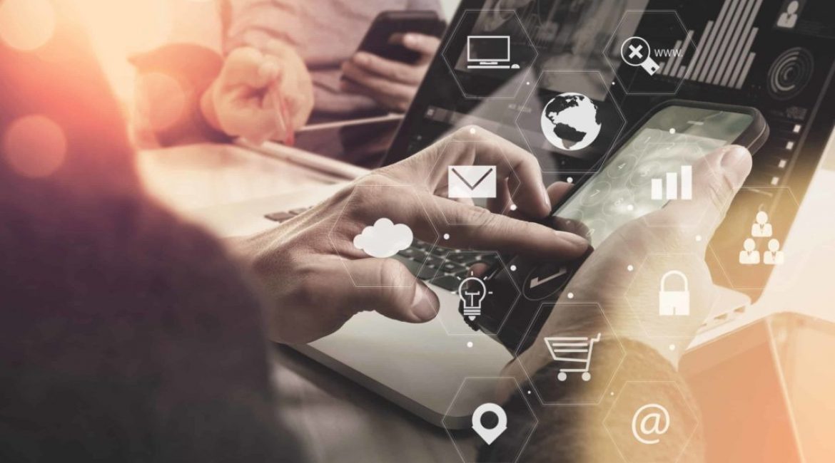 co working team meeting concept,businessman using smart phone and laptop and digital tablet computer in modern office with virtual interface icons network diagram