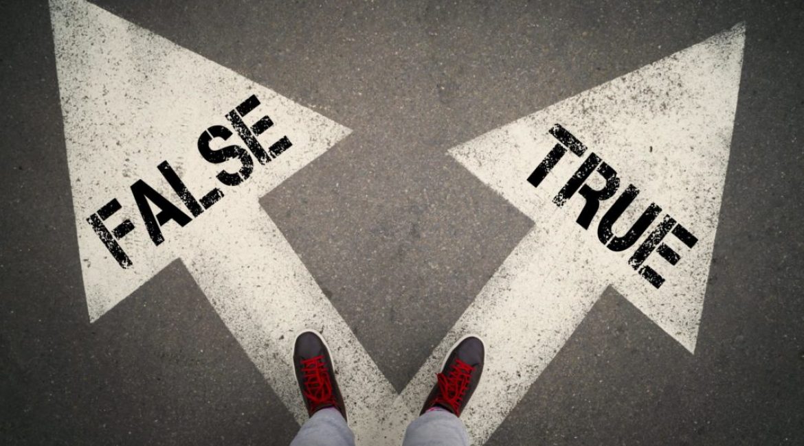 TRUE versus FALSE written on the white arrows, dilemmas concept.