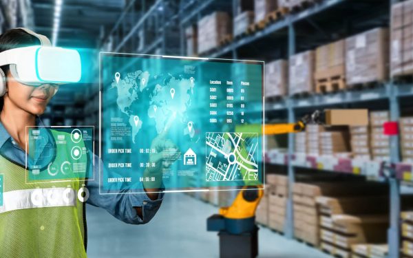 Future virtual reality technology for innovative VR warehouse management . Concept of smart technology for industrial revolution and automated logistic control .