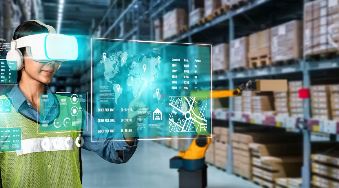 Future virtual reality technology for innovative VR warehouse management . Concept of smart technology for industrial revolution and automated logistic control .
