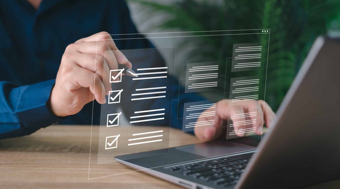 Electronic smart checklist and document on virtual screens concept, business people check electronic documents on digital documents, paperless offices,working on borderless communication technology